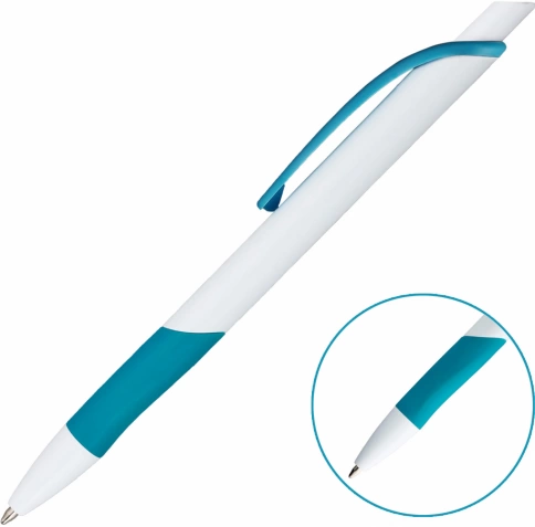 Ручка пластиковая шариковая Vivapens Kleo, с резинкой, белая с бирюзовым фото 2