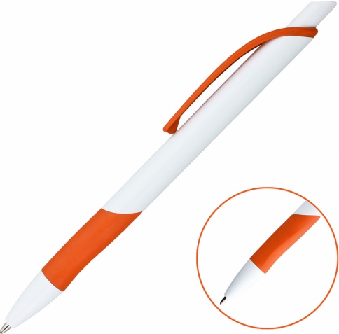 Ручка пластиковая шариковая Vivapens Kleo, с резинкой, белая с оранжевым фото 2