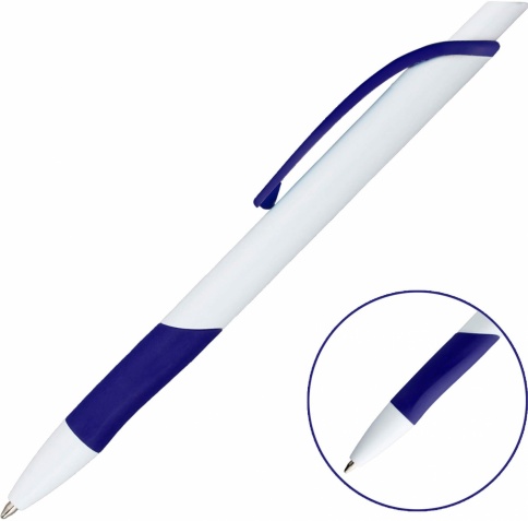 Ручка пластиковая шариковая Vivapens Kleo, с резинкой, белая с синим фото 2